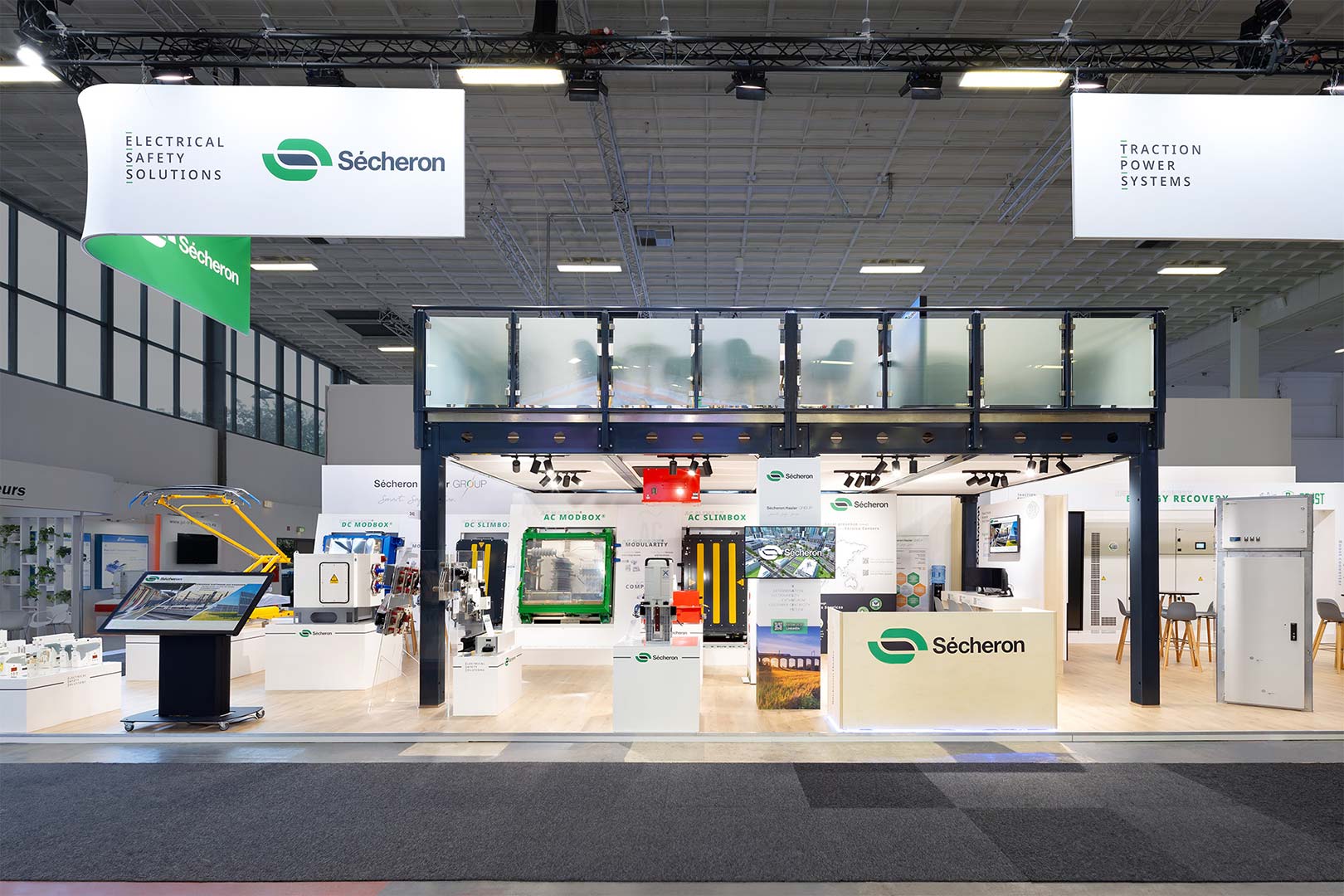 Two-storey Booth Secheron at InnoTrans Berlin. Designed and build by Eldee Expo Experts.